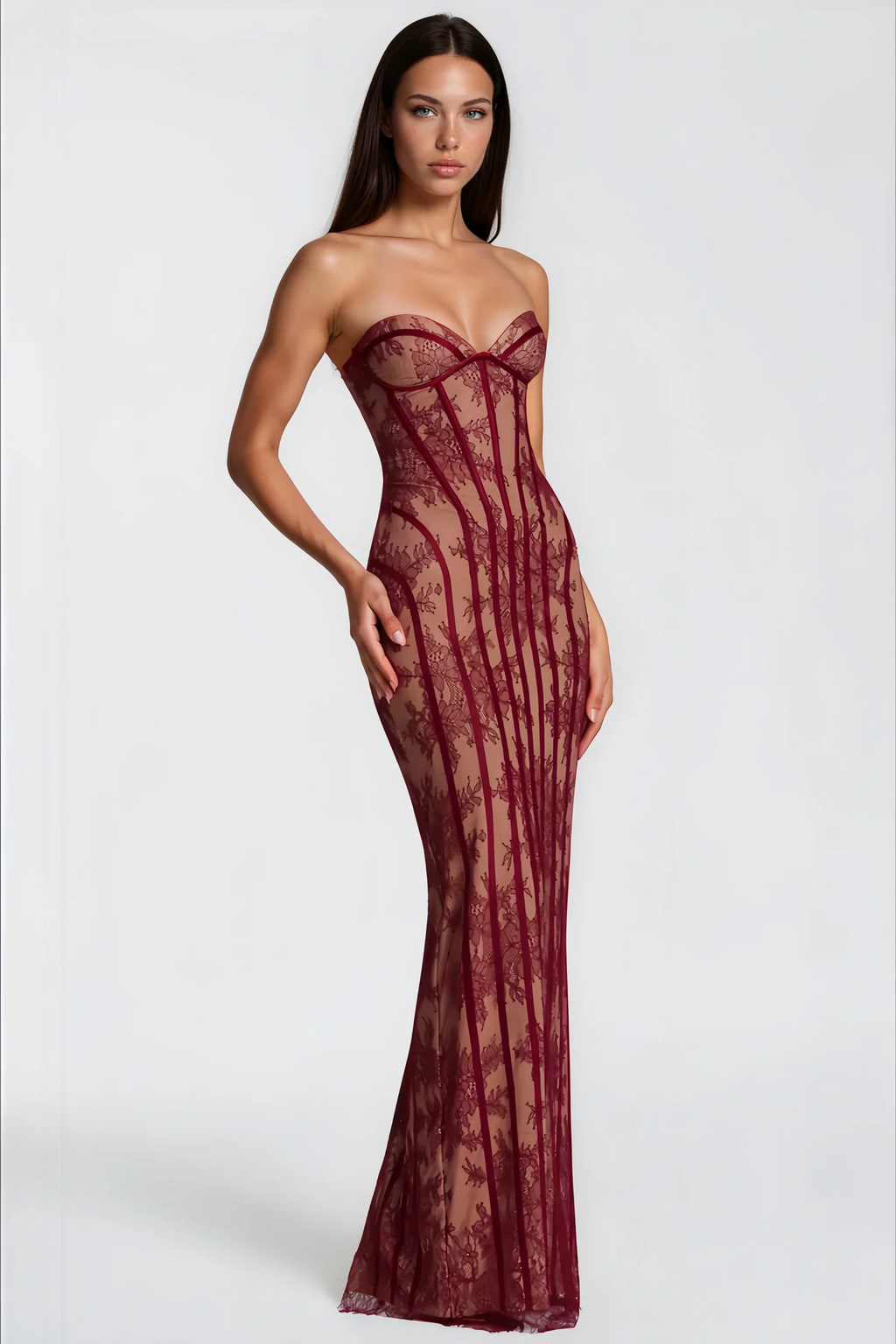 Urszula Red Floral Lace Corset Maxi Dress