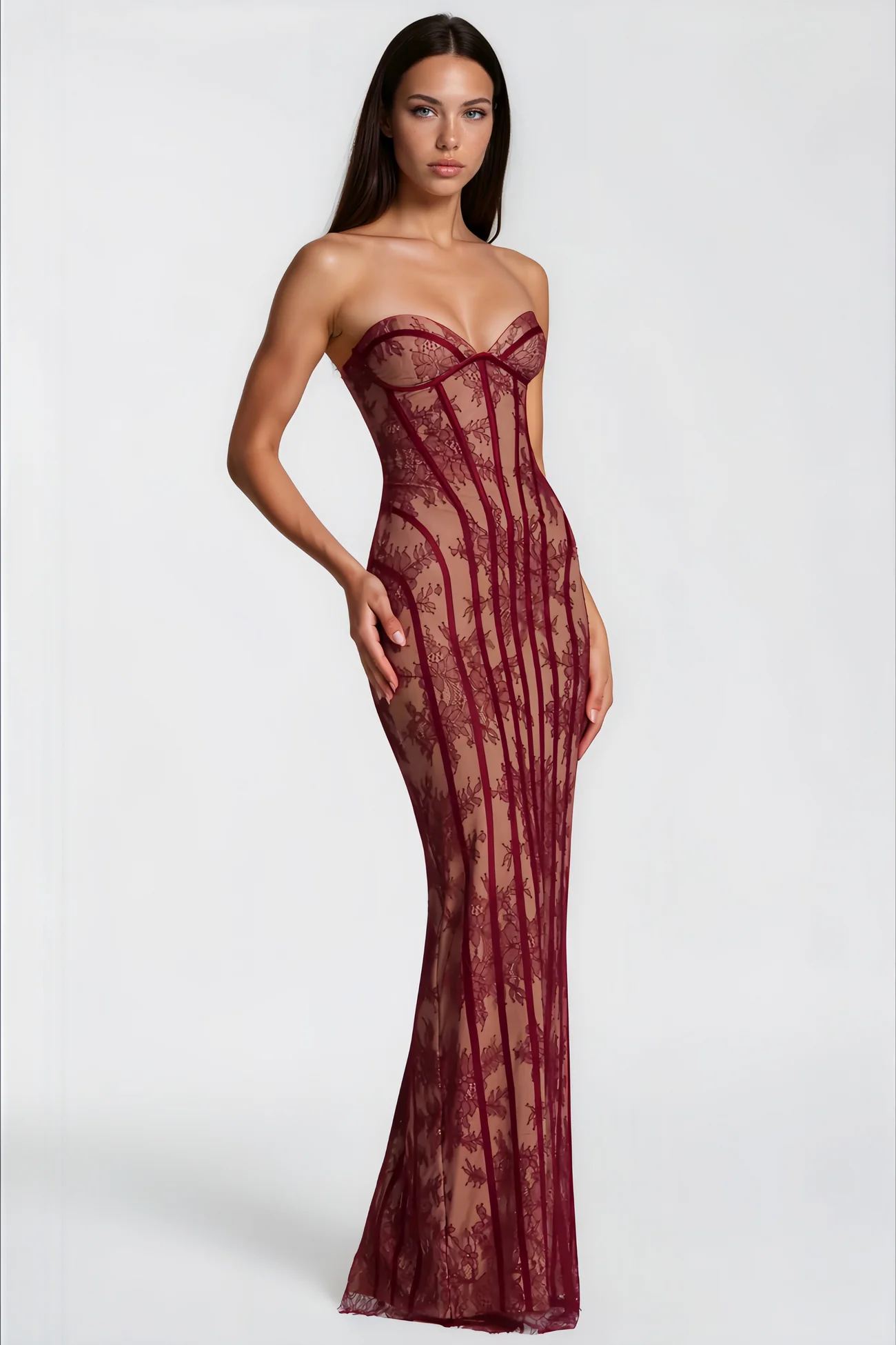 Urszula Red Floral Lace Corset Maxi Dress