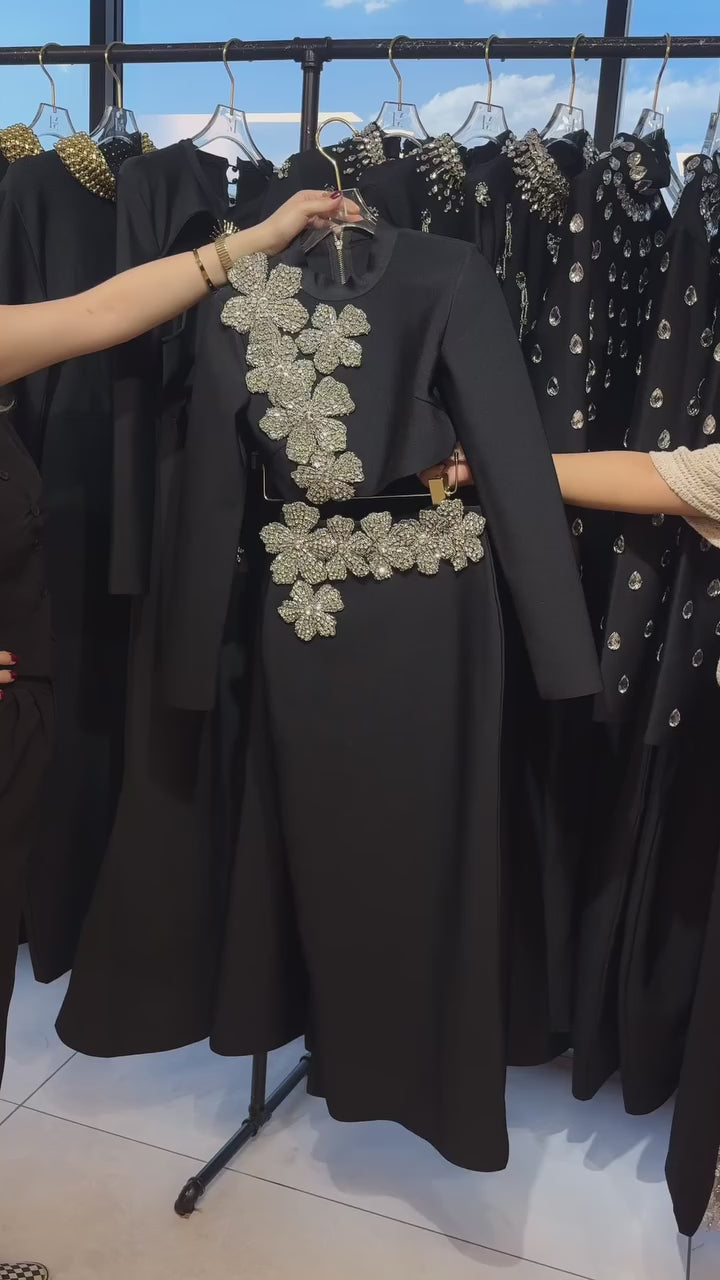 Black Diamond Flower Accent 2 Piece Set With Long Sleeves Top And Maxi Skirt