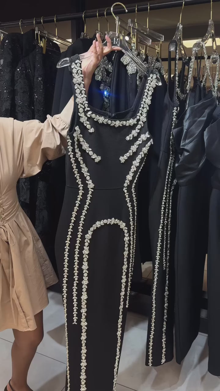 RHINESTONE - EMBELLISHED SQUARE - NECK MERMAID MAXI DRESS IN BLACK