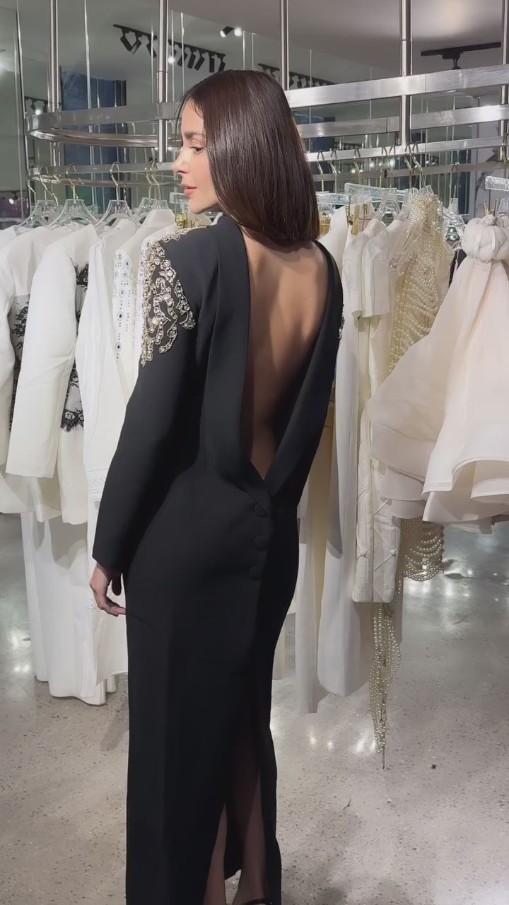 Lidia Black Open Back Embellished Maxi Dress