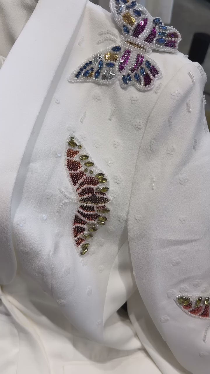 Céleste white butterfly-appliqué embellished blazer & trousers matching set