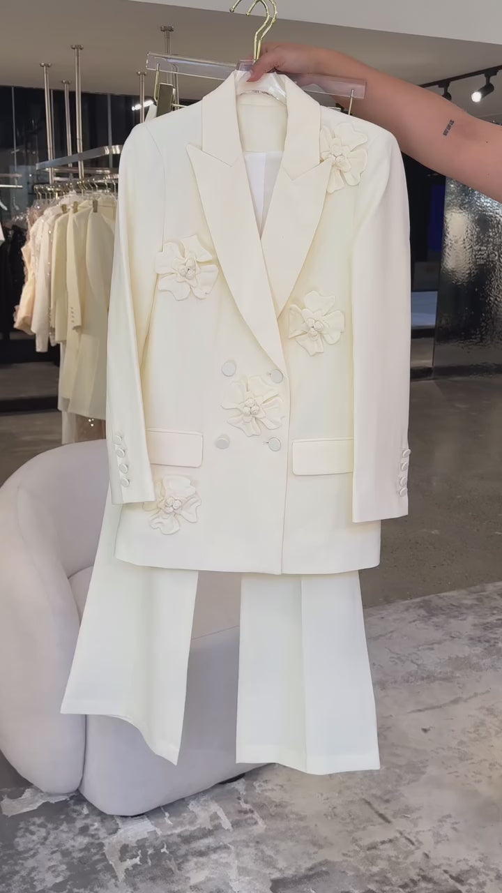 Elegant Double-Breasted Floral Embroidered Blazer & Pants for Women
