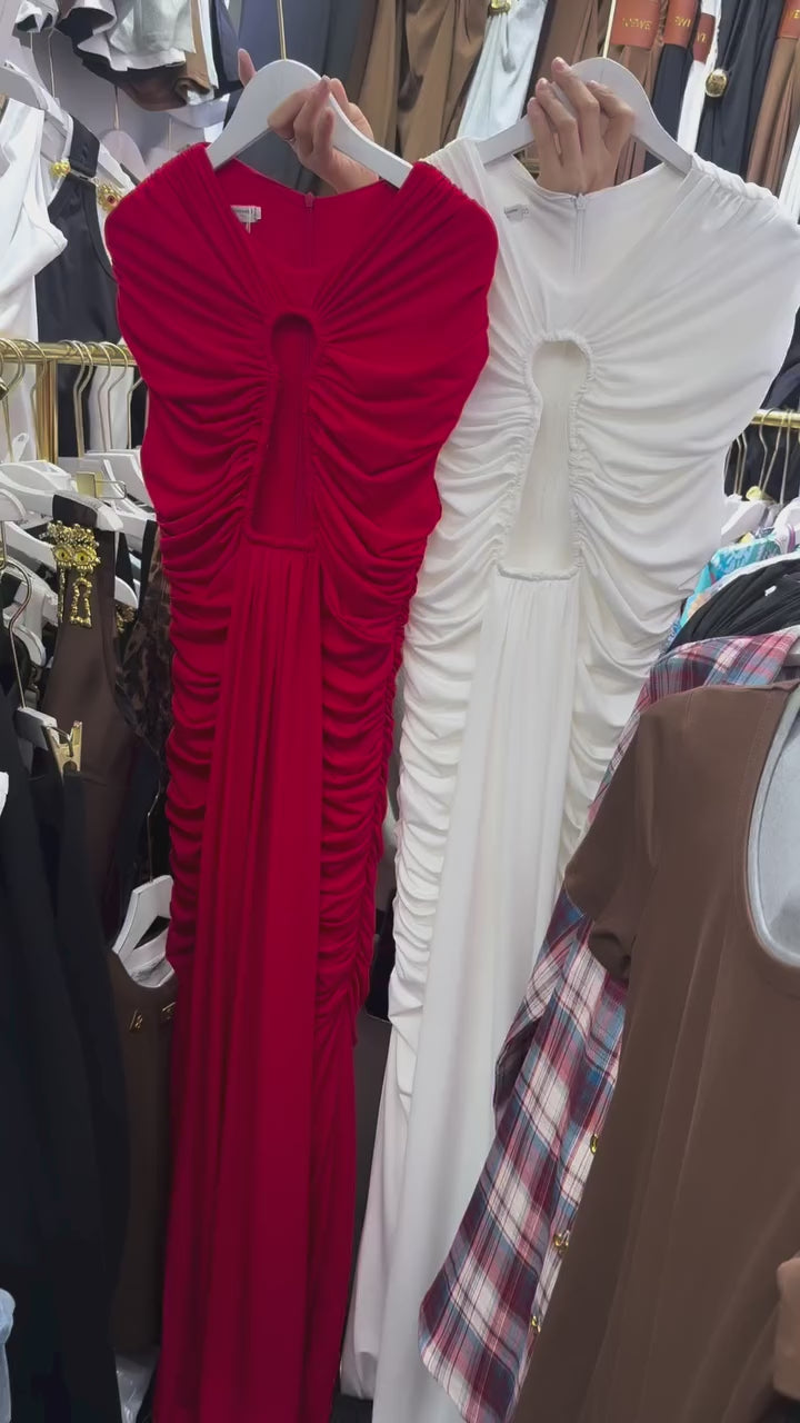 DRAPED CUT-OUT GOWN WITH GATHERED DETAILING