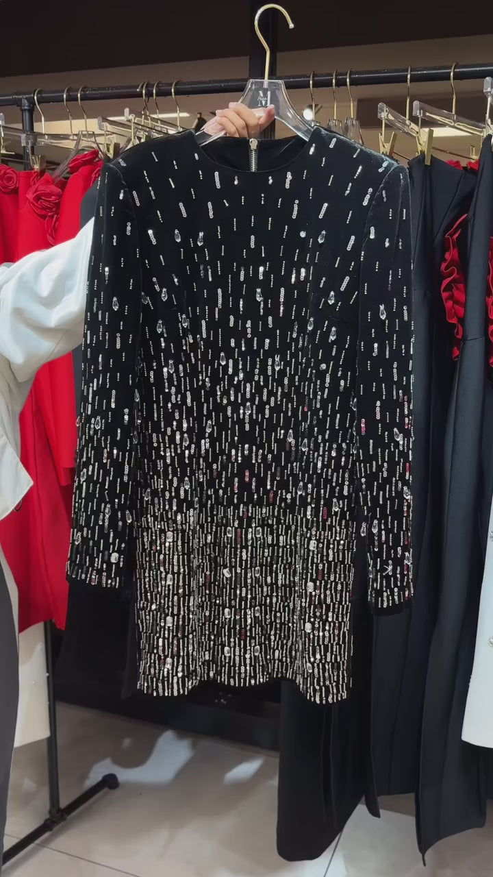 Long Sleeve Crystal Sequin Velvet Dress