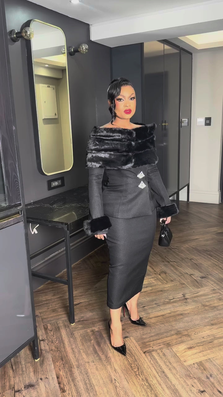 Two-Piece Ensemble With Faux Fur Shawl, Cuffs And Midi Skirt - Black