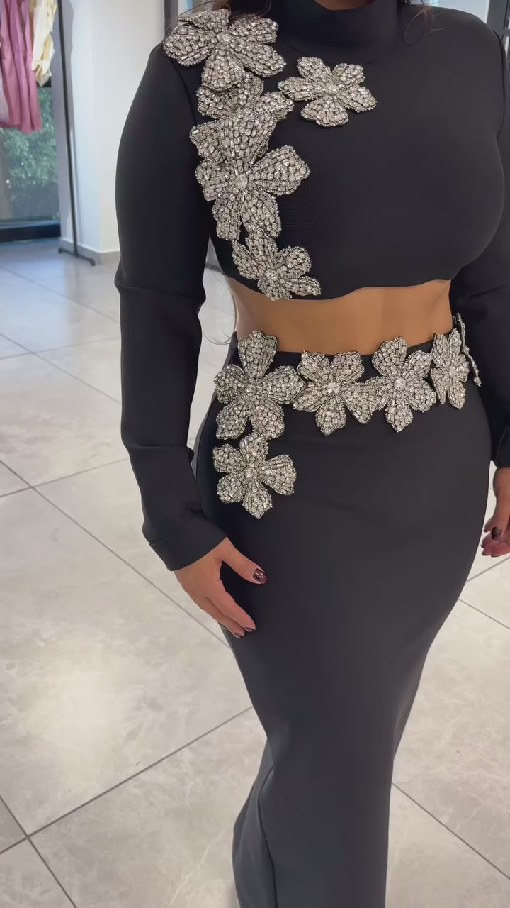 Black Diamond Flower Accent 2 Piece Set With Long Sleeves Top And Maxi Skirt