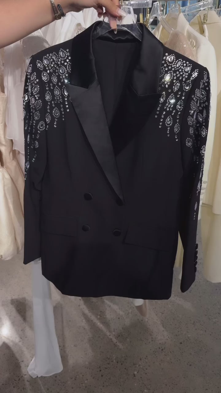 ELEGANT BLAZER WITH DIAMOND EMBELLISHED SHOULDERS - BLACK