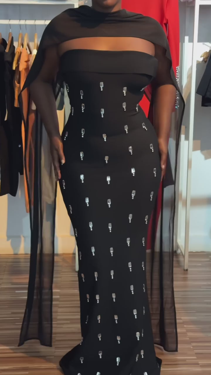 Strapless Crystal Detail Scarf Maxi Dress Black