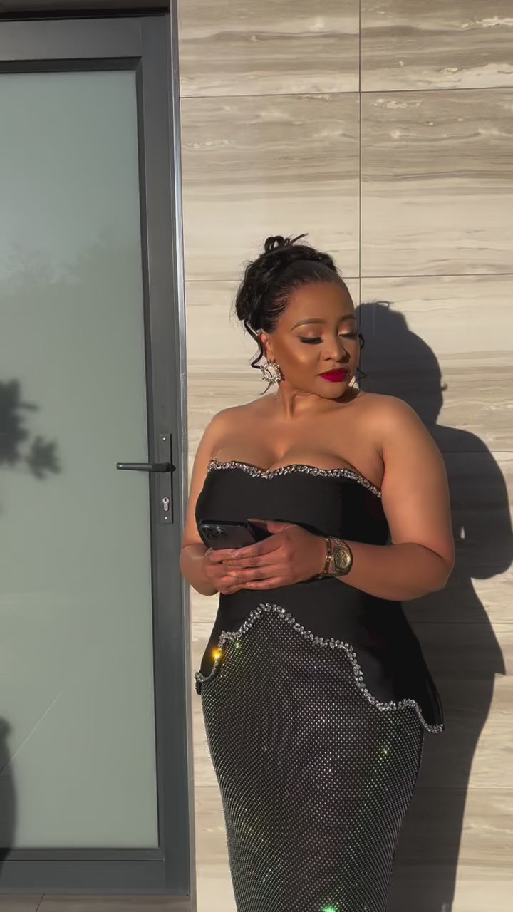 Rhinestone Off-Shoulder Top & Mesh Mid Waist
Skirt Set