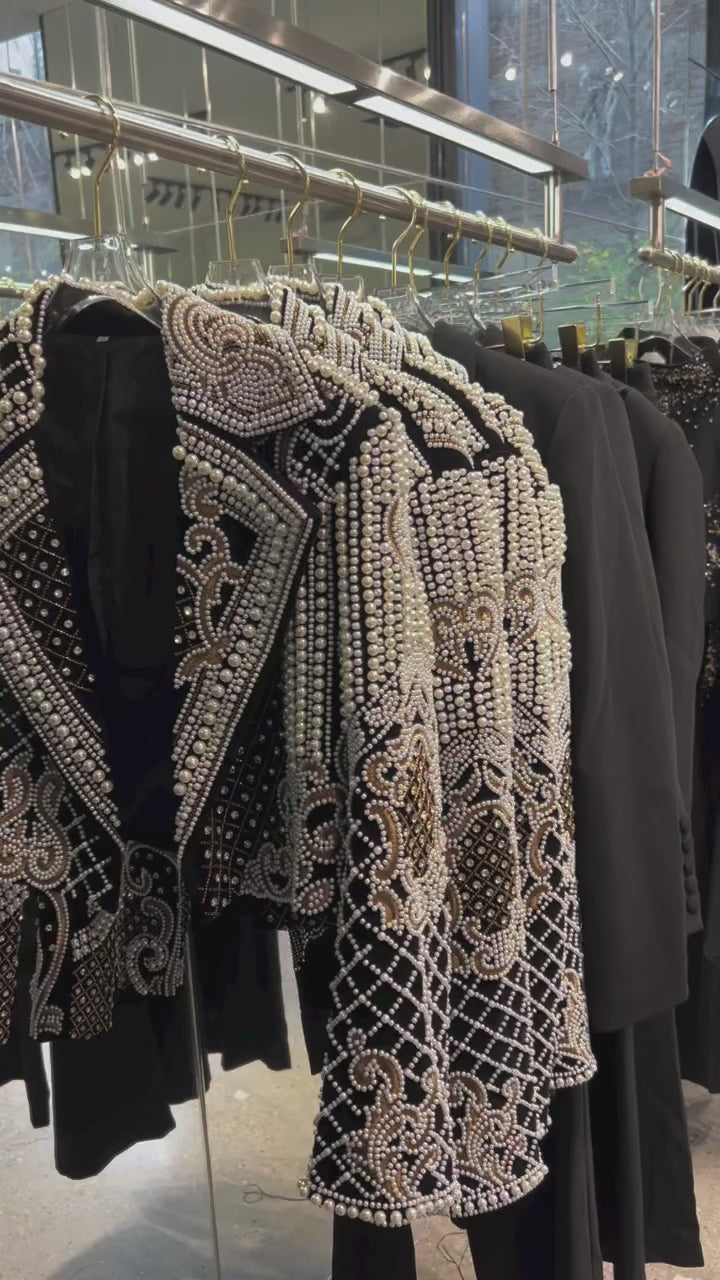 Luxury Pearl Beaded Women's Blazer Embellishments Wedding Prom Shawl Lapel Formal Party Suit Jacket