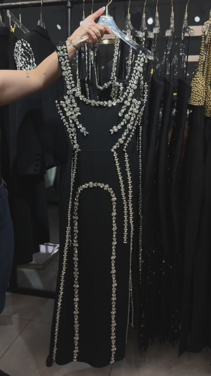 RHINESTONE - EMBELLISHED SQUARE - NECK MERMAID MAXI DRESS IN BLACK